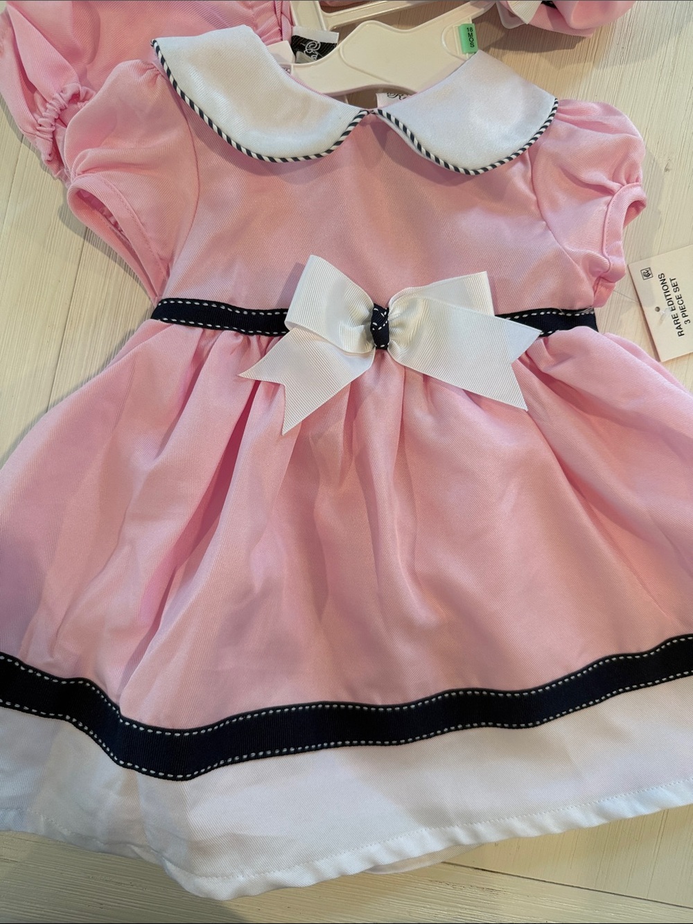 Pink Bow Trim Baby Dress with bonnet and bloomers - Picture 2 of 5